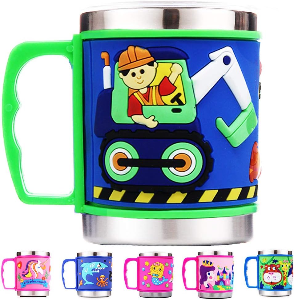 F-32 12 Oz Kids Stainless Steel Trucks 3D Mug with 2 Pack Slider Closure Lids - Eco-Friendly - BPA Free Signature Collection (Trucks)