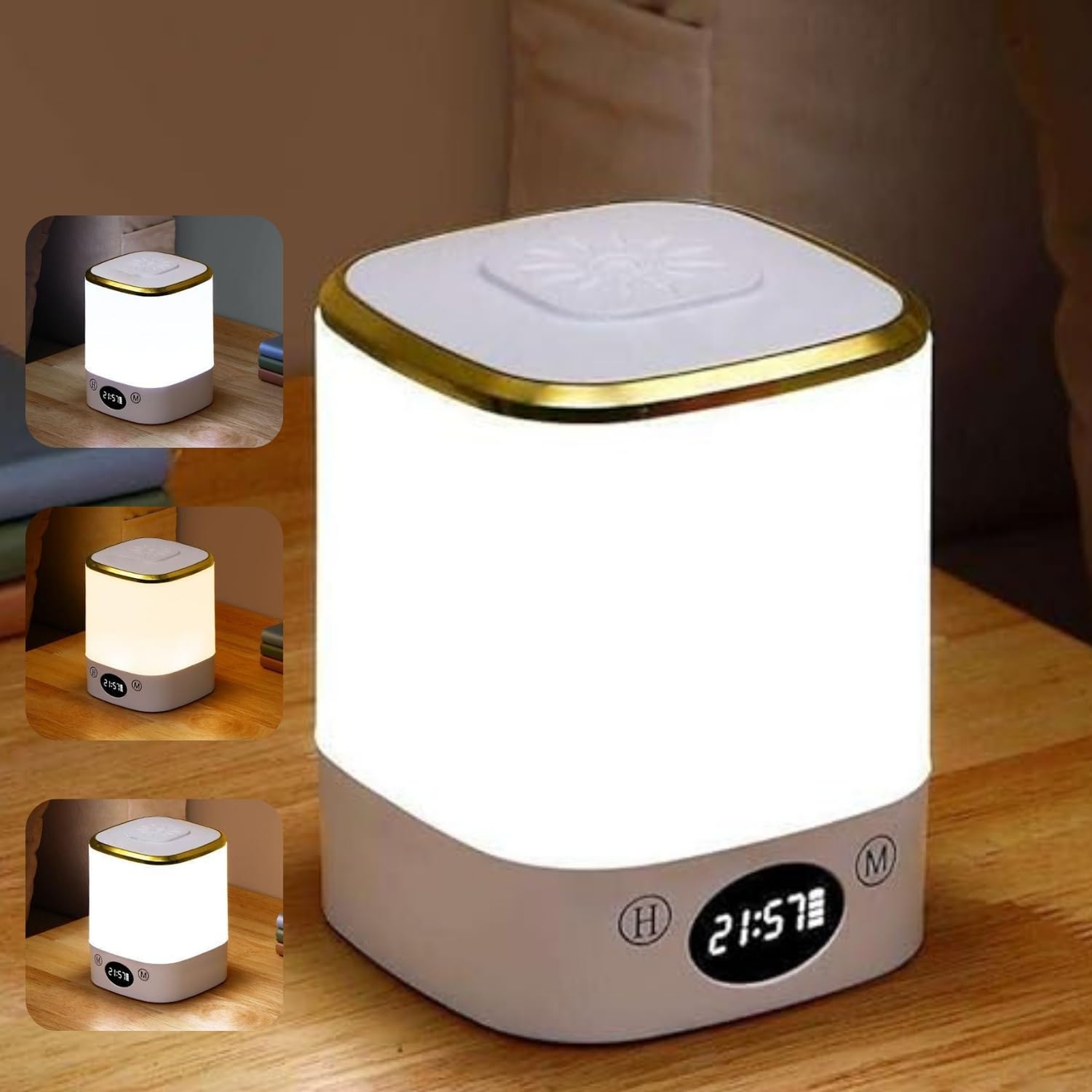 One94Store LED Touch Table Lamp with Built-in Clock (H & M Buttons to Set Time) – Rechargeable Cube Shape Lamp with Golden Touch, 3-Color Dimmable Night Light for Bedroom, Office & Home Décor