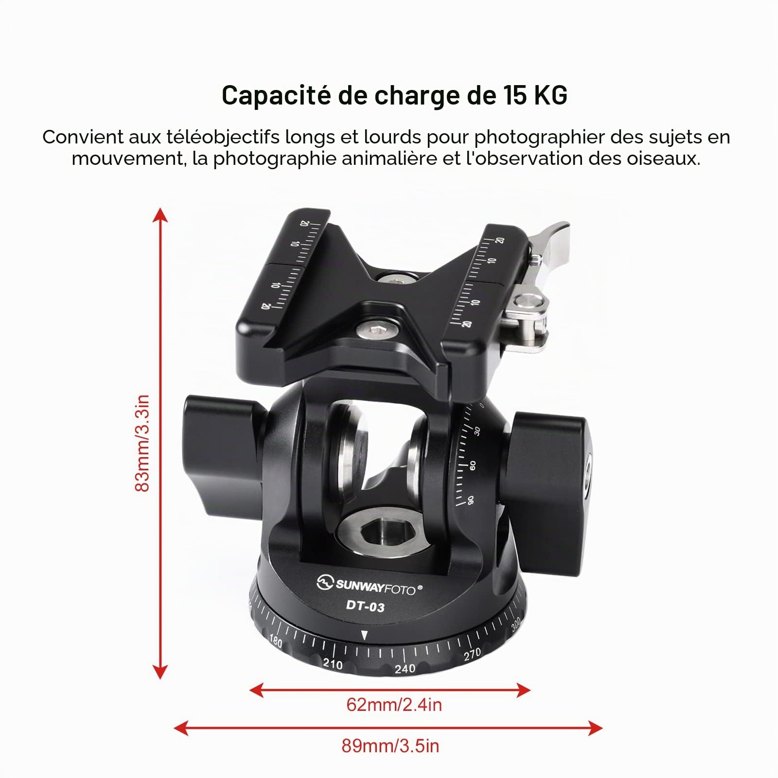 SUNWAYFOTO DT-03 Tête inclinable pour monopode et trépied Capacité de charge 15 kg
