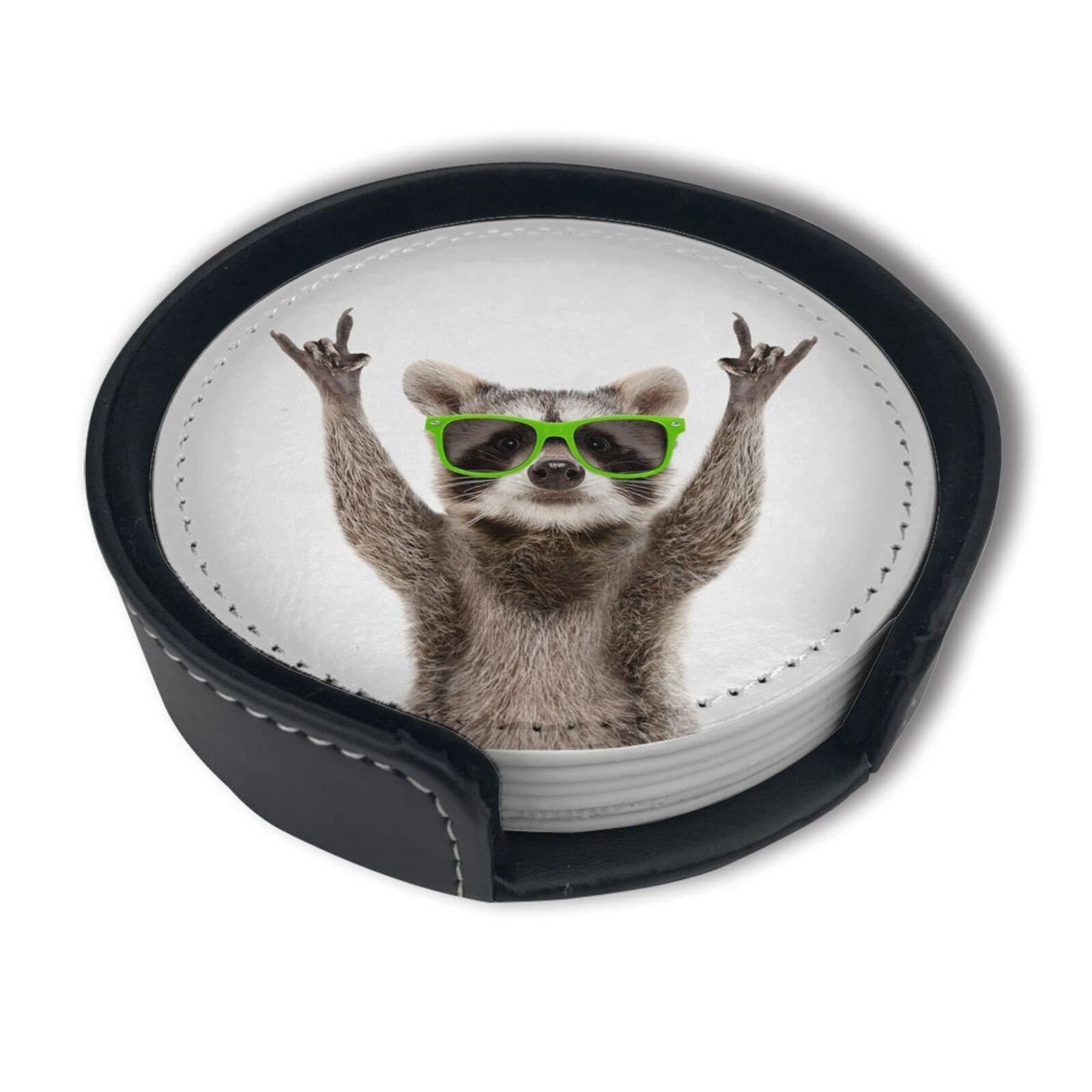 Novelty Raccoon Coasters for Drinks with Holder Leather Coasters Set of 6 Table Decor Protect Furniture from Water Marks Scratch and Damage