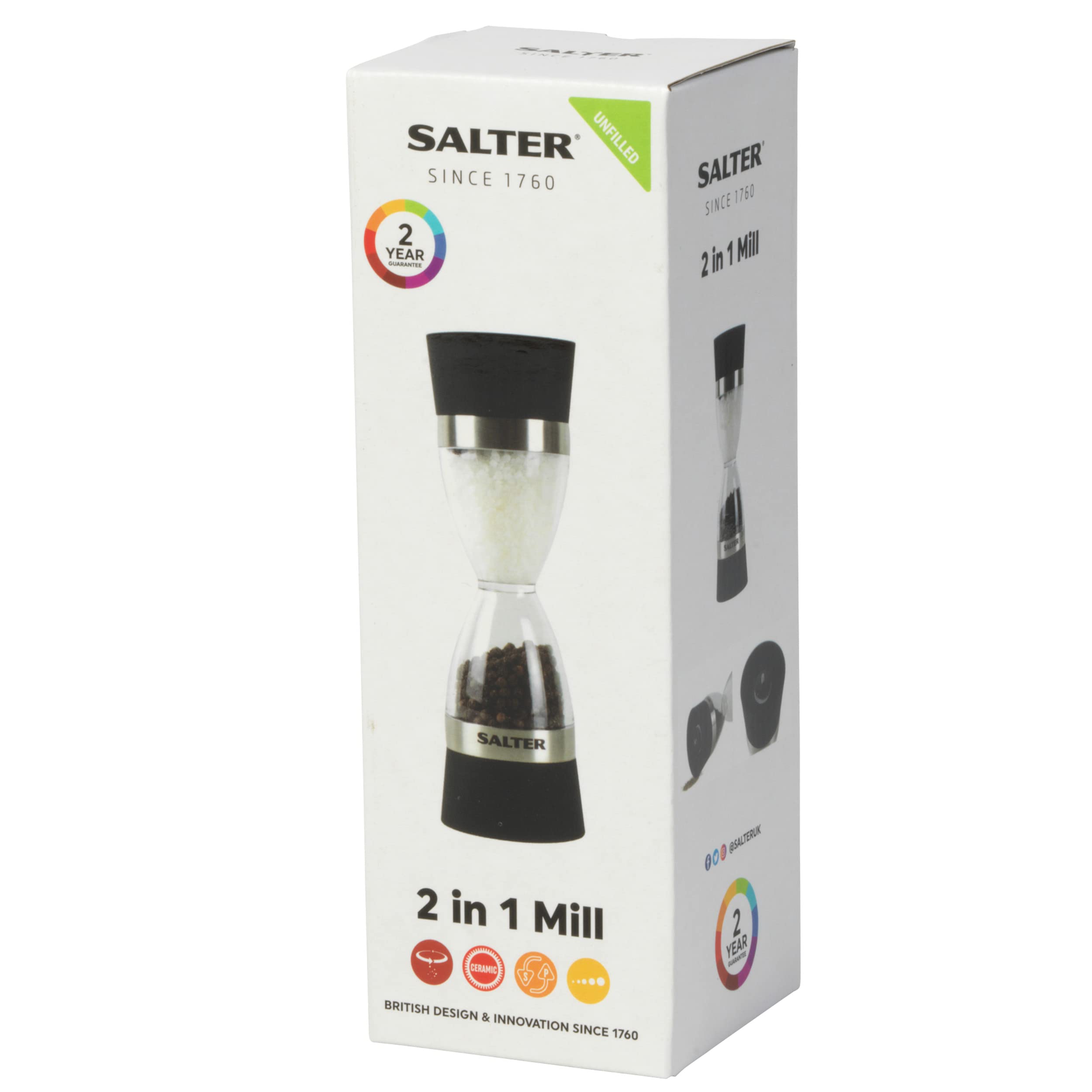 Salter 7611 BKXR Mechaniczny młynek do soli i pieprzu 2 w 1, przyprawa dwustronna, regulowane mielenie od drobnego do grubego, młynek ceramiczny, kompaktowa konstrukcja, tworzywo sztuczne