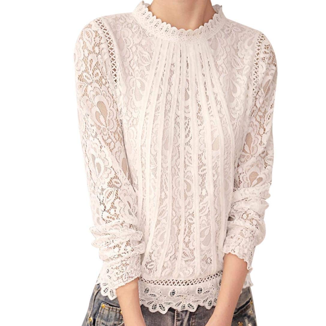 SHOBDW Camisetas de manga larga SHOBDW Mujeres Gasa Sólida O Cuello Sexy Encaje Elegante Otoño Tops Casual Blusa Camiseta Camisa de Manga Larga