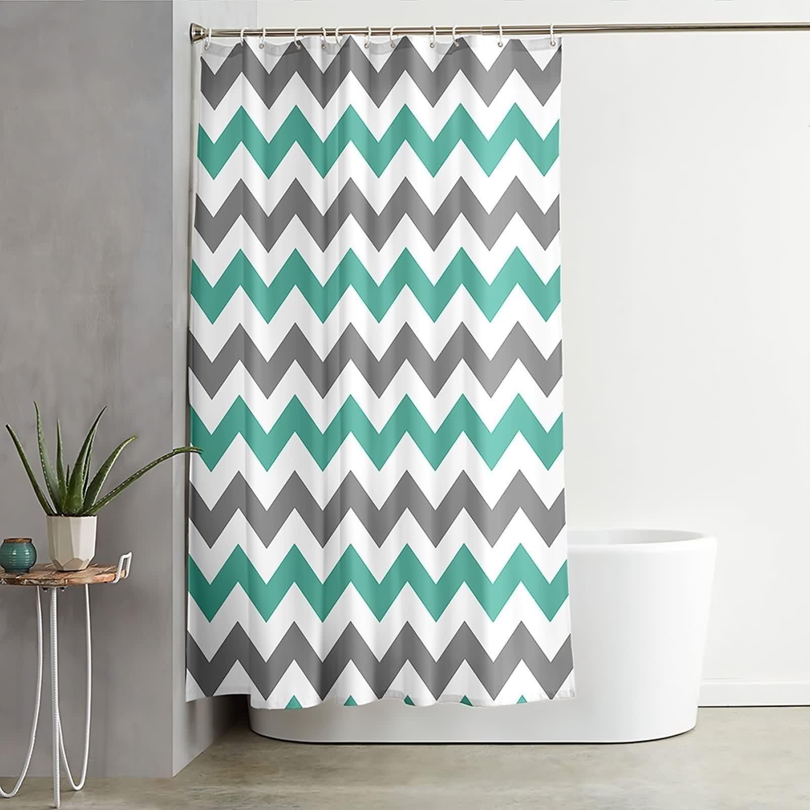 Cortina de ducha de 180 x 200 cm, textil gris, azul turquesa blanco, verde y gris, patrón de ondas, cortina de baño, poliéster, antimoho, secado rápido, 1,8 x 2 m de largo (ancho x alto) con