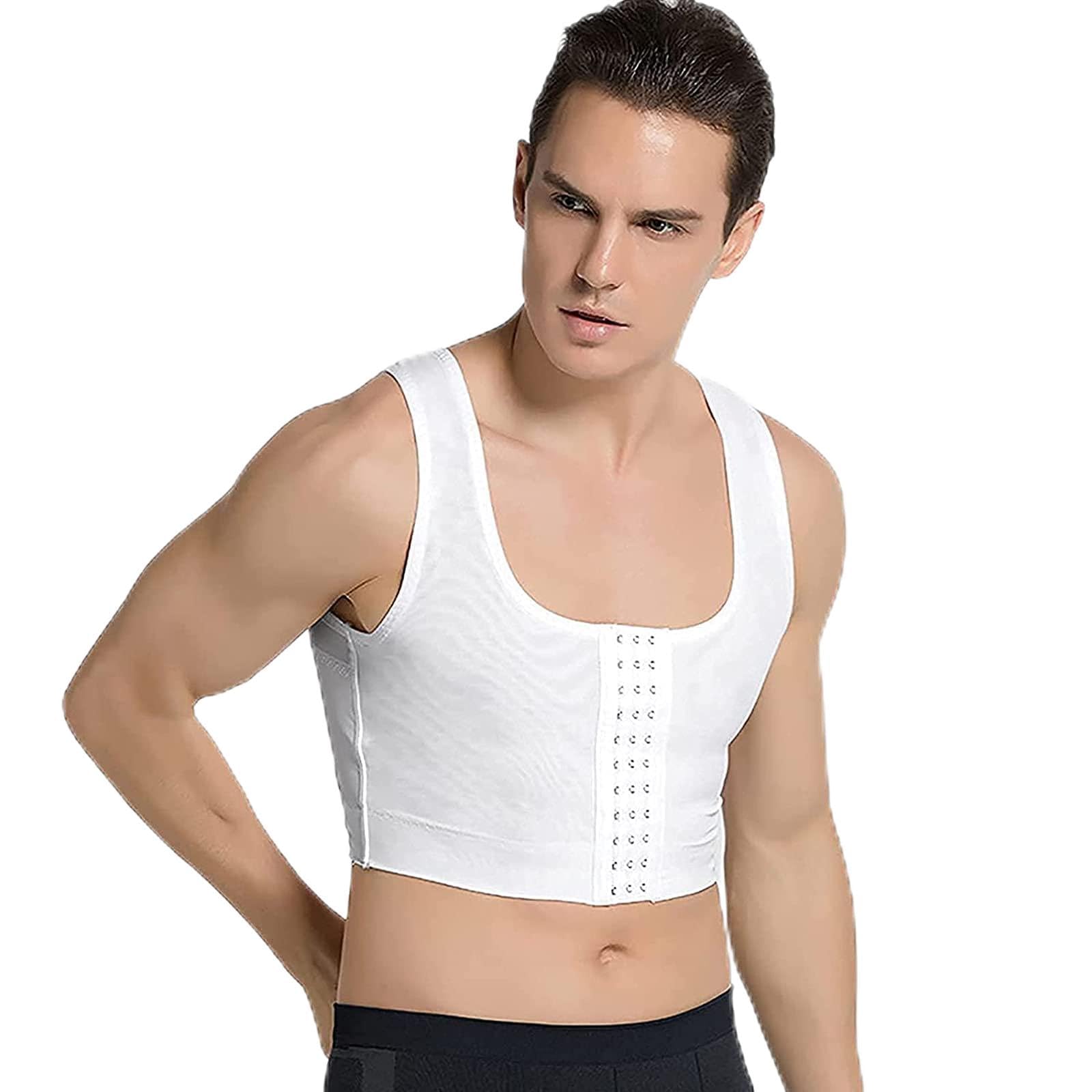 JANGOUGynecomastia Compress Reposition Shaper, Back Support Sleeveless Corset Vest, Mens Compression Shirt Slimming Body Shaper Vest Workout Tank Tops Abs, 3 Rows Clasp Bust Corset Vests (White,Medium)