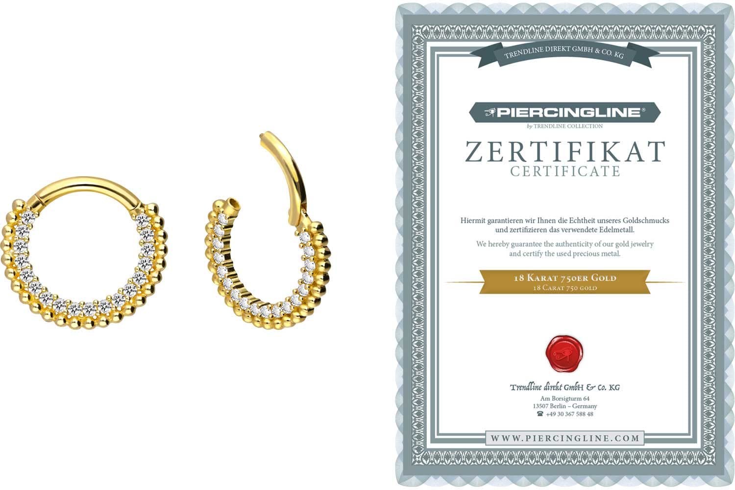 PIERCINGLINE 750er Gold Segmentring Clicker | 18 KARAT | EINGEFASSTE KRISTALLE mit KUGELRAND | Piercing Ring Nase Septum Ohr Helix | Farb & Größenauswahl