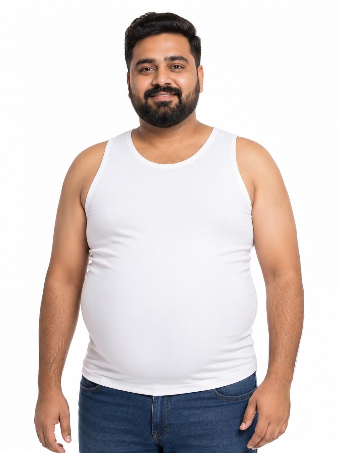 Men's Cotton Modal Blend Undershirt Vest for Big Belly | Size: 6 XL | Innerwear | Sleeveless Banyan Vest Ganji Sando | Chest Waist Hip | 3-Point Fit | Plus Size Fit | for Big Men White-image-10