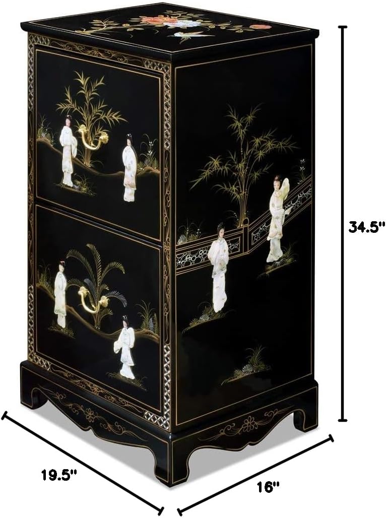 ChinaFurnitureOnline Black Lacquer Mother of Pearl 2 Drawer Oriental File Cabinet