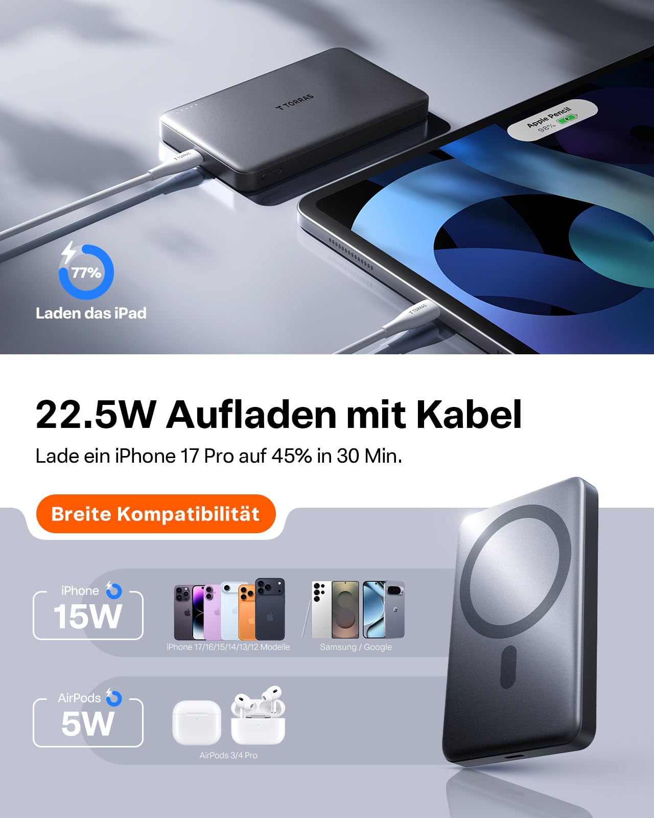 TORRAS MiniMag Powerbank für MagSafe, 10000mAh 22.5W Schnellladen Magnetische Power Bank Slim, Wireless Externe Akkupack mit USB-C-Kabel für iPhone 17 Pro Max/Air/16/15/14/13/12, AirPods, Grau Titan.