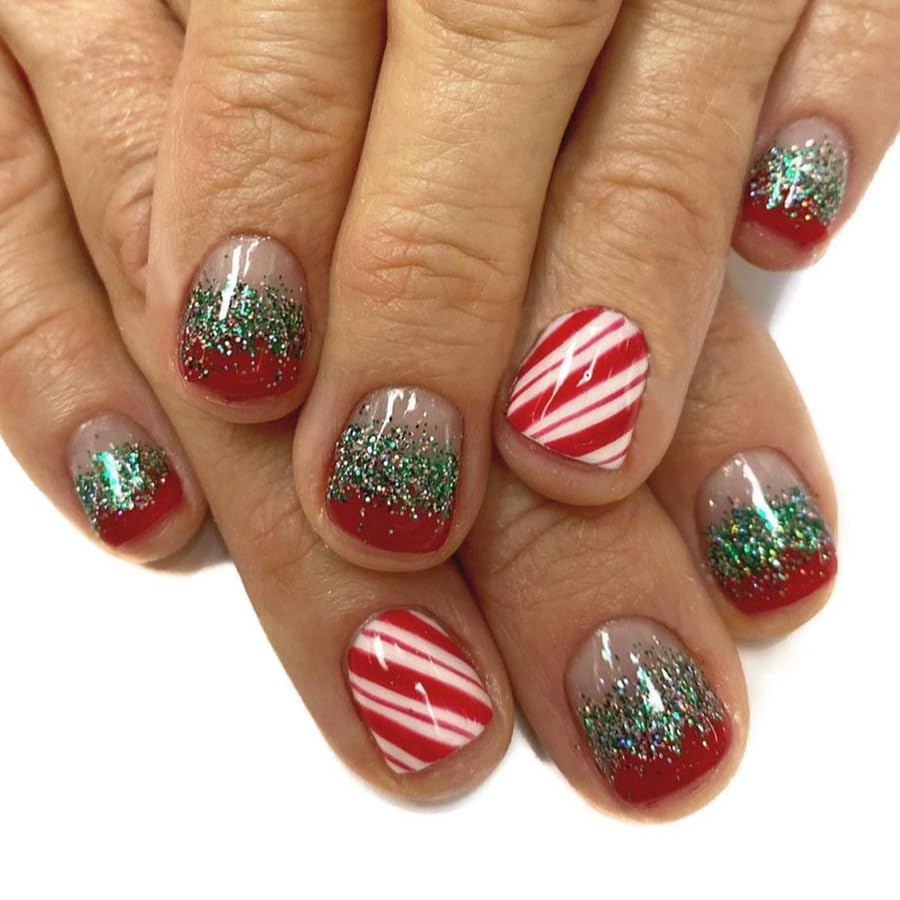 24Pcs Red Green Glitter French Tip Christmas Press on Nails - Short Square Fake Nails with Red and White Candy Stripe Design, Acrylic Finish