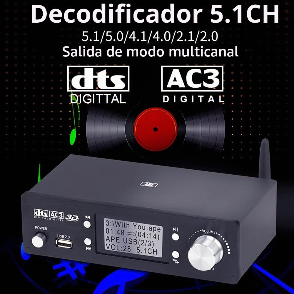 Decodificador de Audio 5.1 con DTS y Dolby, U-Disk con HDMI, Bluetooth 5.0, Fibra Óptica y ARC, DAC y Contenido en 4K * 2K para Extractor y Convertidor HDMI