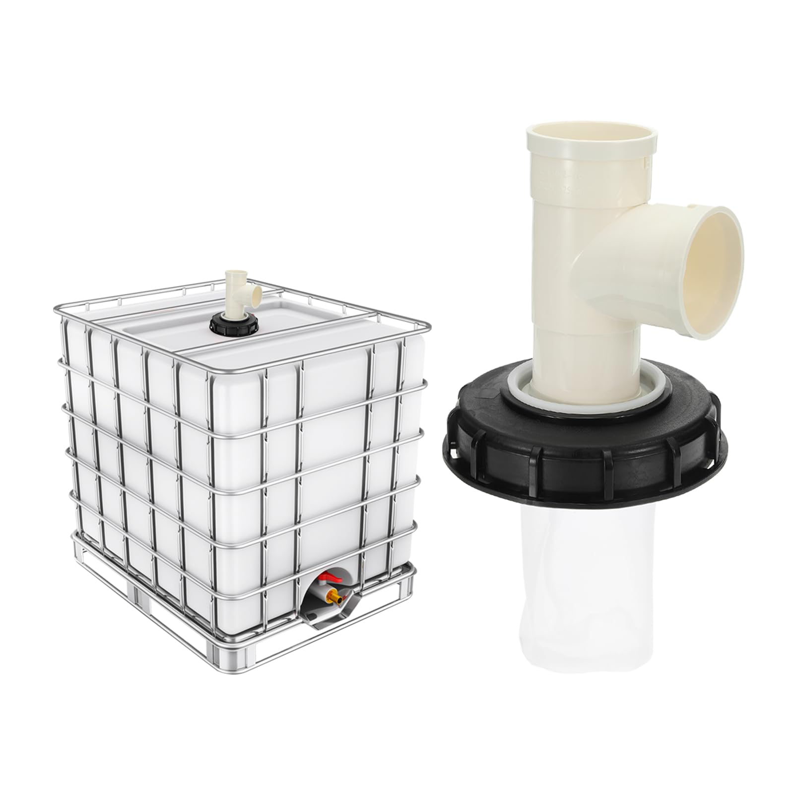 QUARKZMAN 163mm Tapa de Filtro de IBC, Adaptador de Manguera de Tote IBC de Plástico de 3 Vía para Contenedor de Tanque de Agua de Lluvia de 1000L para Tanque de Agua de 275gal, Negro/Blanco