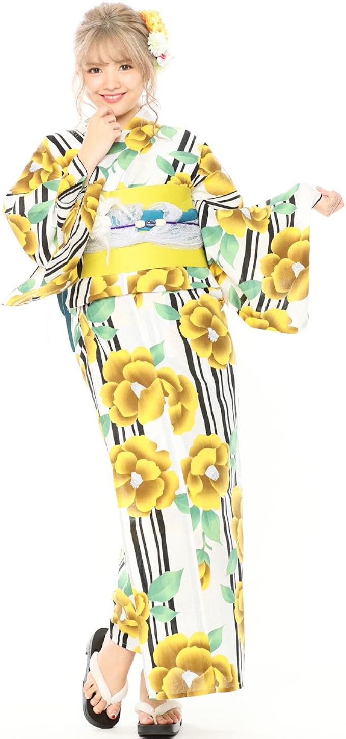 Amazon Ys367 レディース浴衣セット 浴衣 帯 下駄 コサージュ 前板 腰紐 マジックベルト 着付けベルト 8点セット 女性用ゆかた フリーサイズ 白 黄色 レトロ ストライプ 椿 浴衣 通販