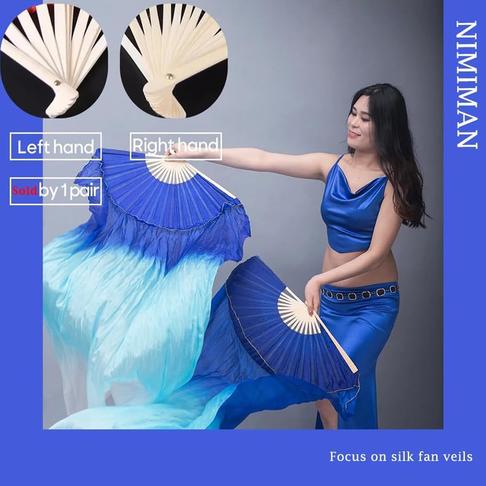 Nimiman Women 1 Pair (Left+Right) Silk Belly Dance Fans Veil Belly Dancing Long Folding Fans Length 180 cm Width 90 cm - Image 6