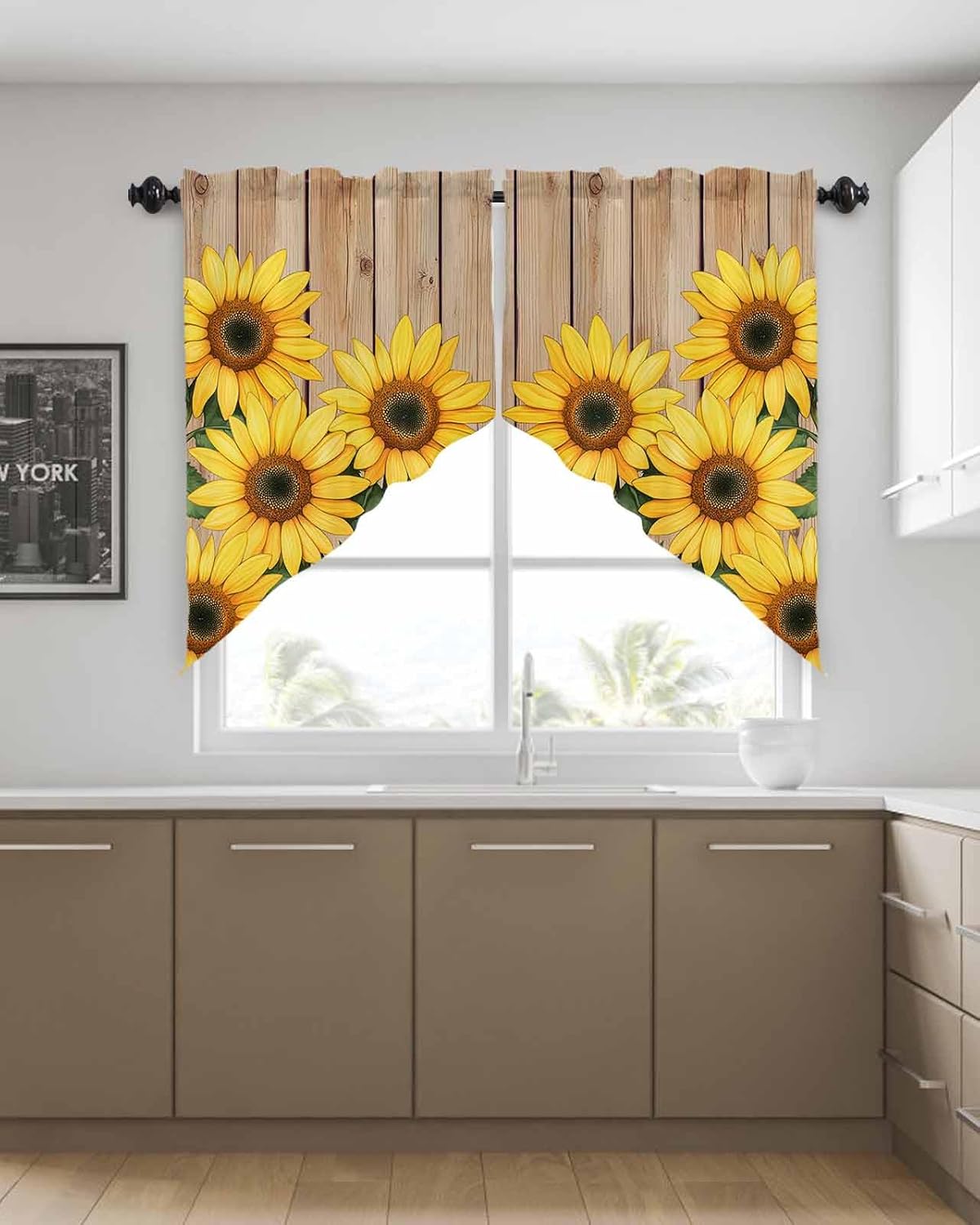 Sunflower Retro Brown Wood Grain Curtains Swag Valances Spring Summer Sunflower Rod Pocket Kitchen Curtains Window Valances Swag Curtains for Bathroom Over Sink Basement, 1 Pair, 28"W x 36"L