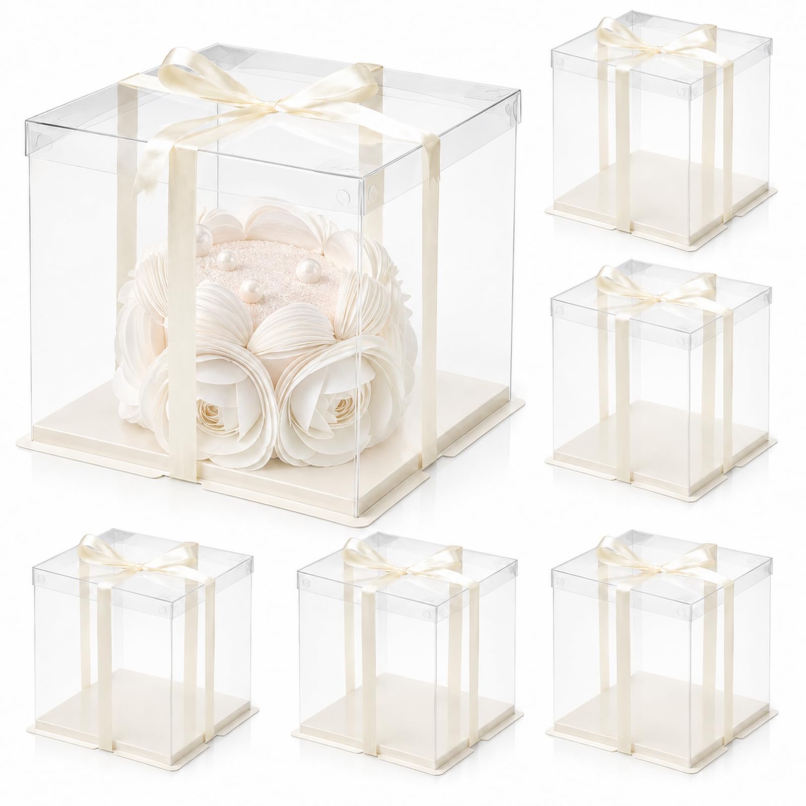 xilianBPK 6 Pcs Clear Gift Box with Ribbon 3-Layer 26x26x31 cm, Transparent Cake Carrier Box with Lids, PET Tall Cake Packaging Boxes, Clear Gift Boxes for Birthday,Wedding and Festival Party
