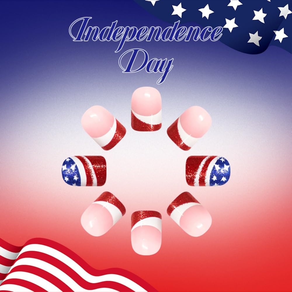 Independence Day Press on Nails Short Square Fake Nails with Star Design Glossy Blue Red White Nails Press on French Tips Glue on Nails Reusable Summer 4th of July Acrylic Nail for Women 24Pcs