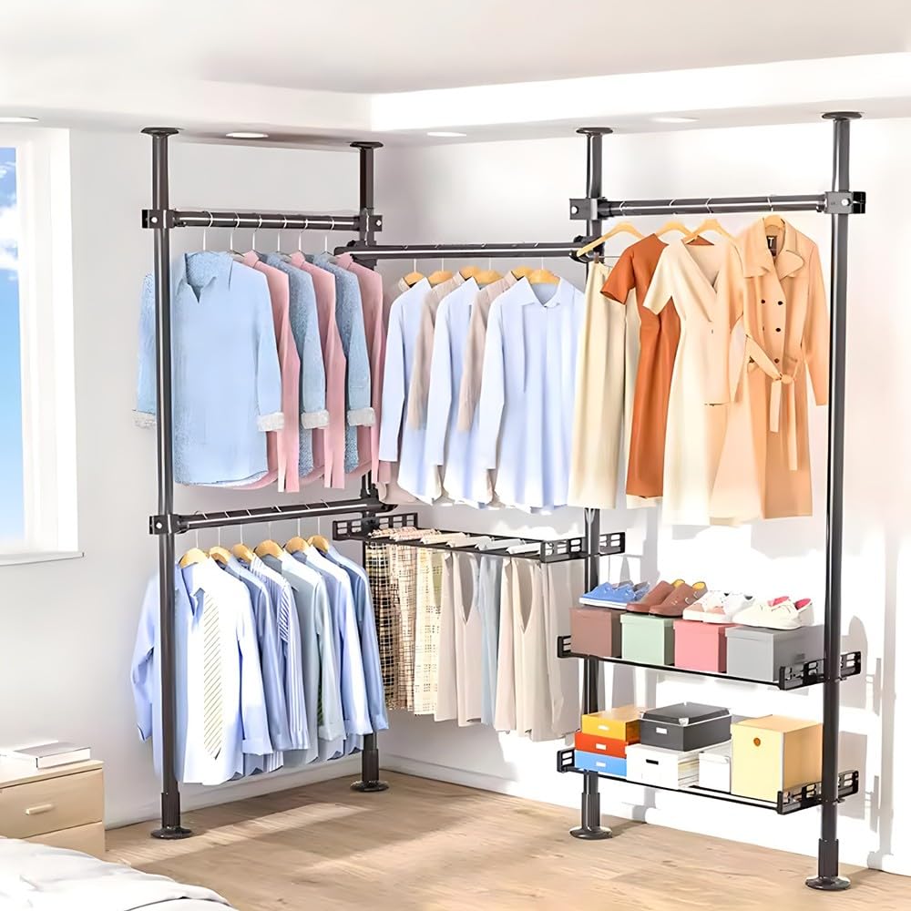 Ejoyous Stendino Telescopico 2 Barre: Armadio Dal Pavimento Al Soffitto Regolabile, Porta Abiti 60kg, Senza Viti