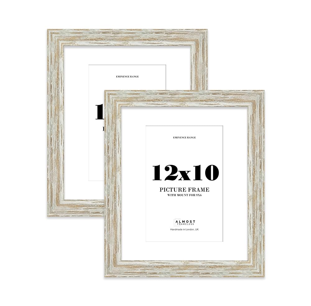 12x10" Distressed White Oak Picture Frame with 9x6" Mount - Reclaimed Wood Style Photo Frame with Distressed Finish, Wall Hooks and Kickstand, 32mm Edge - 2 Pack