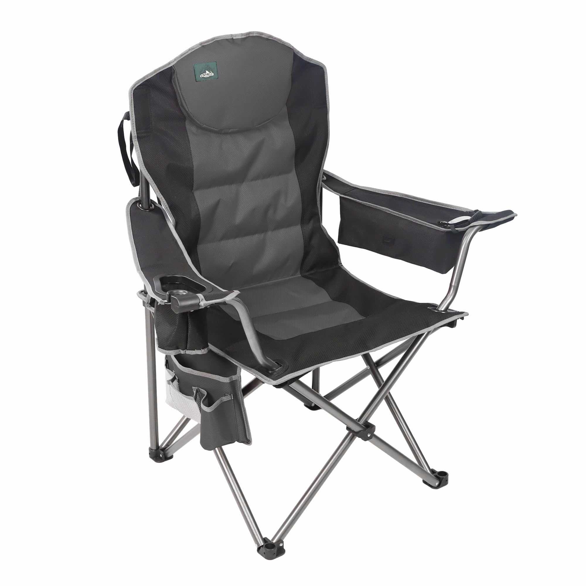 Fully Padded Camping Chair, Heavy Duty Quad Fold Arm Chair Support 350 Lbs With Cup Holder, Blue