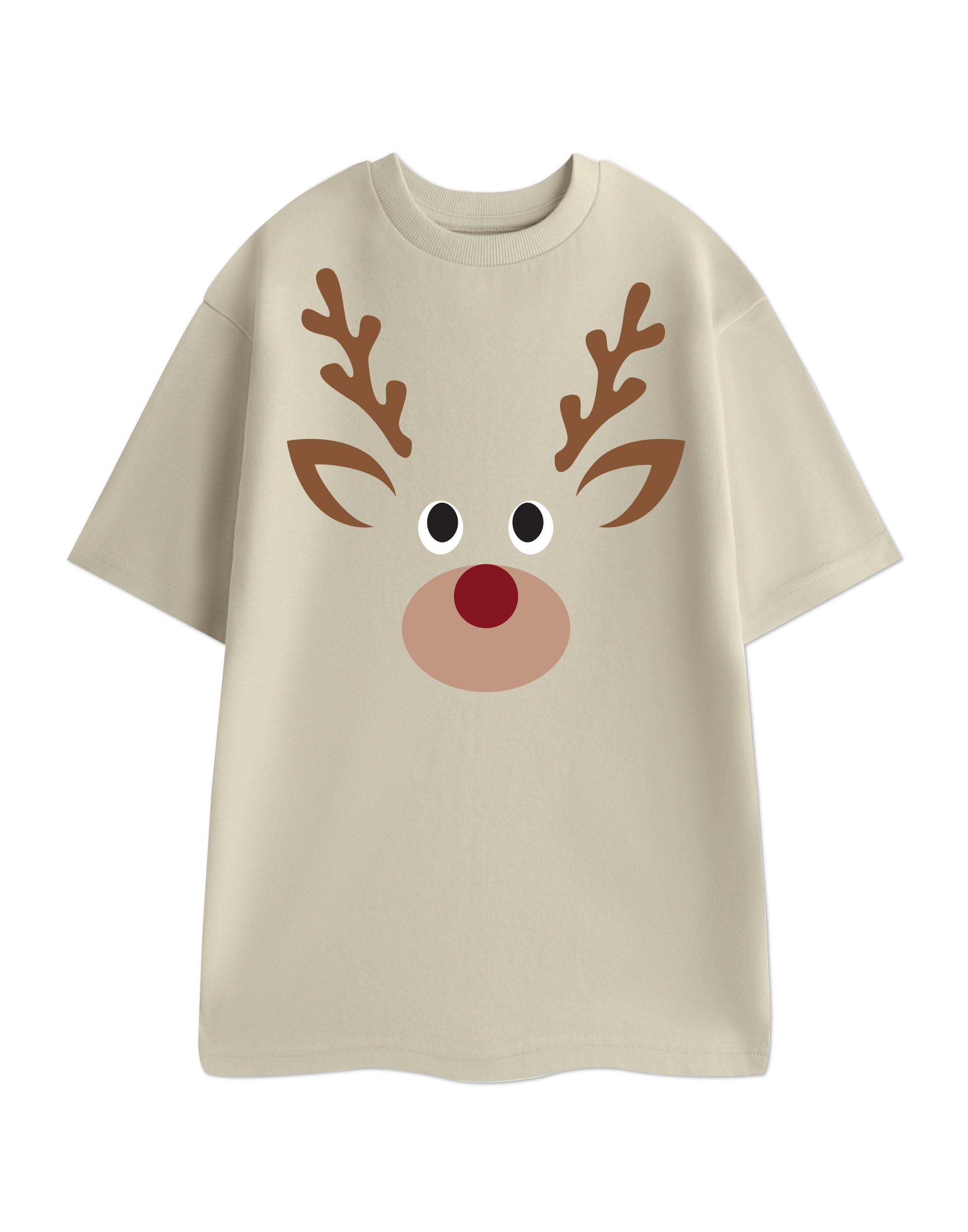 Show Me The Merch Unisex Oatmeal Reindeer Beige Short Sleeved T-Shirt | Cartoon Graphic Tee | Streetwear For Christmas | Holiday Themed Top | Fun Winter Wear Large