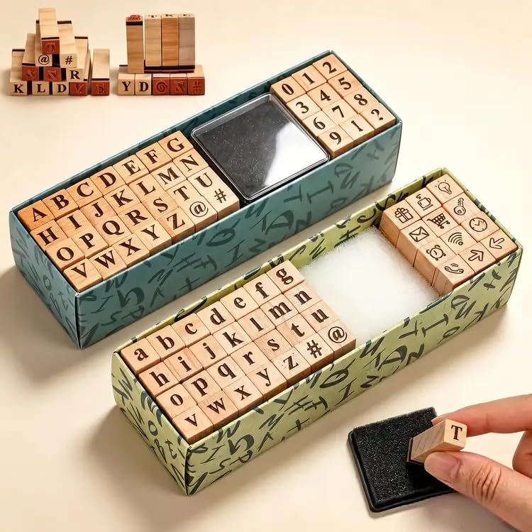 BXUUXA Buchstaben Stempel Set 80-teilig Holzstempel Alphabet Zahlen und Symbole mit Stempelkissen Groß- & Kleinbuchstaben Stempelset für Scrapbooking Kartenherstellung Basteln