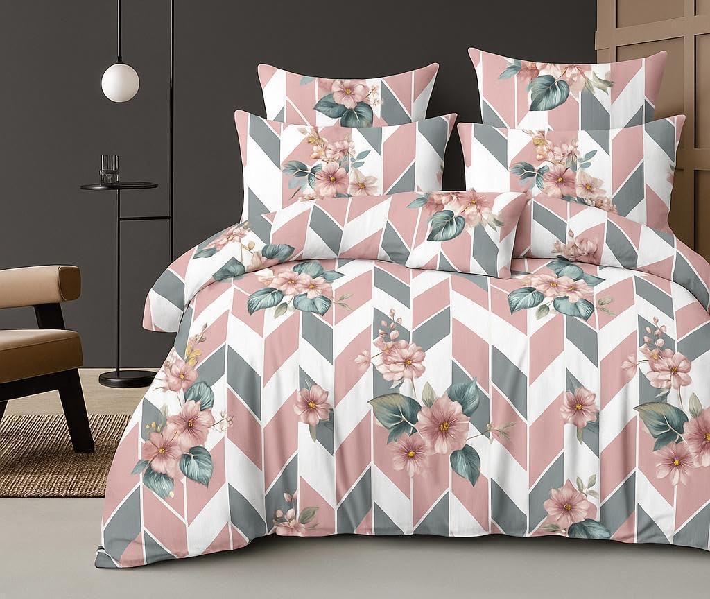 100% Cotton Feel Glace Cotton Queen Size Flat Bedsheet – 90 x 100 Inches with 2 Pillow Covers | Soft, Wrinkle Resistant | Perfect for Home (Zig Zag White and Pink)-image-28