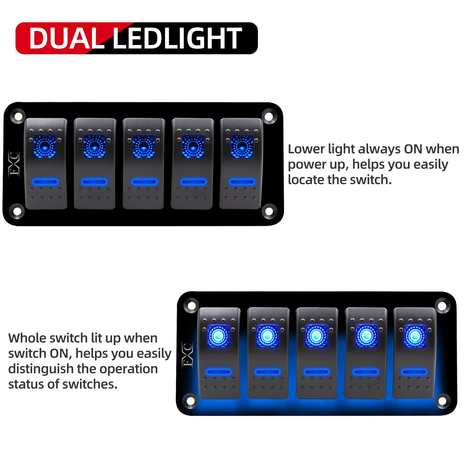 FXC Rocker Switch Aluminum Panel 5 Gang Toggle Switches Dash 5 Pin ON/Off 2 LED Backlit for Boat Car Marine Blue 3 61nNTVEaURL. SL1500
