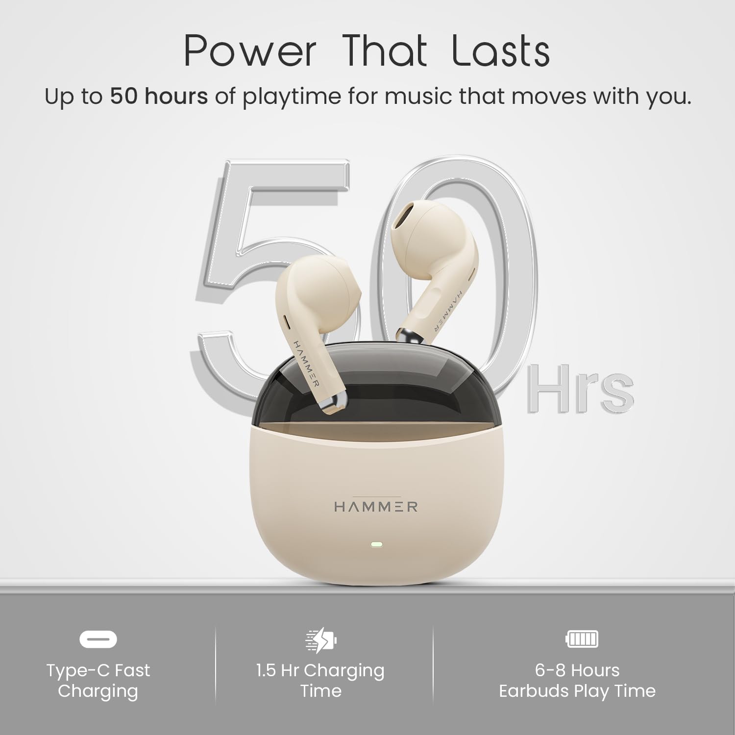 HAMMER Ultra Pods True Wireless Earbuds with in-Built Mic, 100H Standby Time, 1H Charging USB Type-C, 13mm Dynamic Drivers, 50H Playtime, BT v6.0 Connectivity, IPX5 Water Resistant (Beige) — Amazon image 7