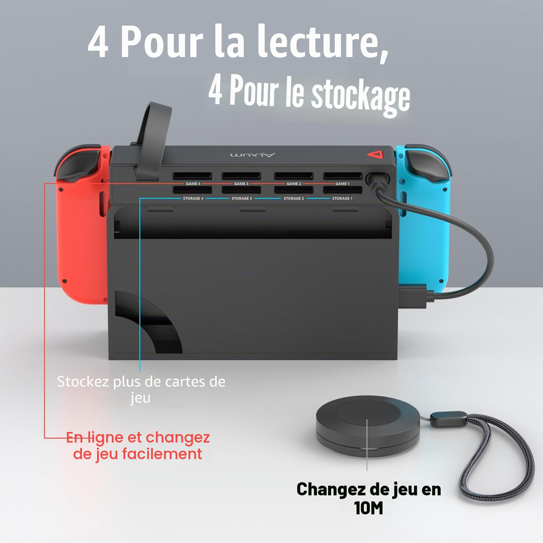 Alxum Switch Lecteur de Cartes de Jeu avec télécommande sans Fil Switching,8-en-1 Switch Porte-Jeux pour Nintendo Switch/Switch Console OLED et Dock (4 pour Le Jeu+4 pour Le Rangement)
