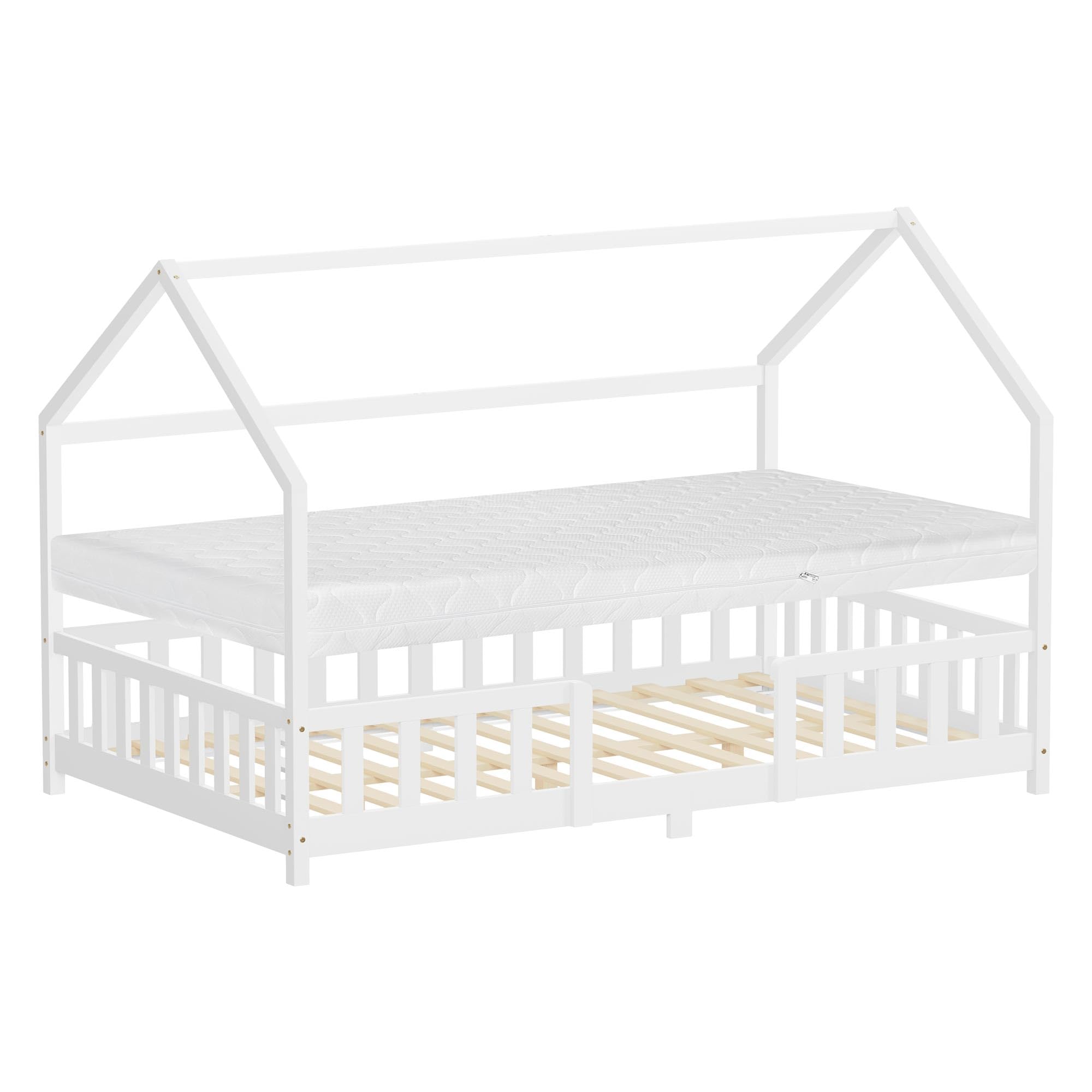 ML-Design Cama Infantil 120x200cm Blanco, con Colchón, Protección Anticaída, Techo y Somier, Listones de Madera de Maciza de Pino Lecho Doble Montessori Forma de Casa Mobiliario Juvenil, para Niños