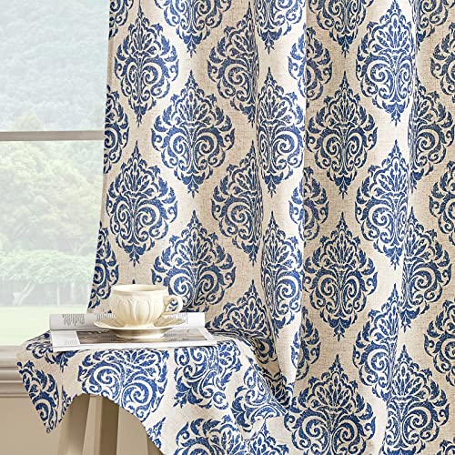 Miulee Damask Curtains 96 Inches Long For Living Room Thick Linen Textured Classic Vintage Medallion Printed Country Farmhouse Patterned Toile Window Drapes For Bedroom 2 Panels Set, Blue On Beige #TOP7