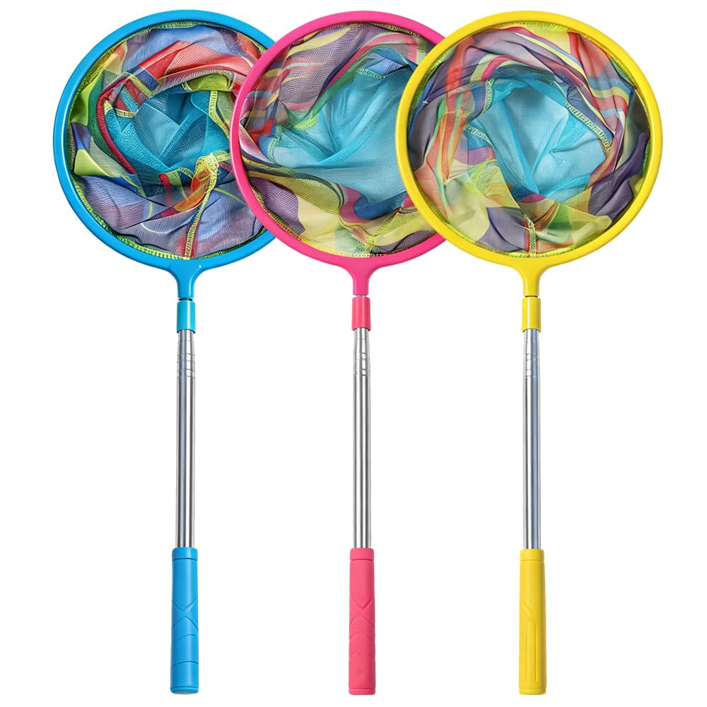 3 pcs Angel Kescher für Kinder, Teleskop Kescher Angeln mit Teleskopstange 55-123cm, Angelkescher Schmetterlingsnetz Klein zum Fangen von Insekten, Schmetterlingen, Fischernetze