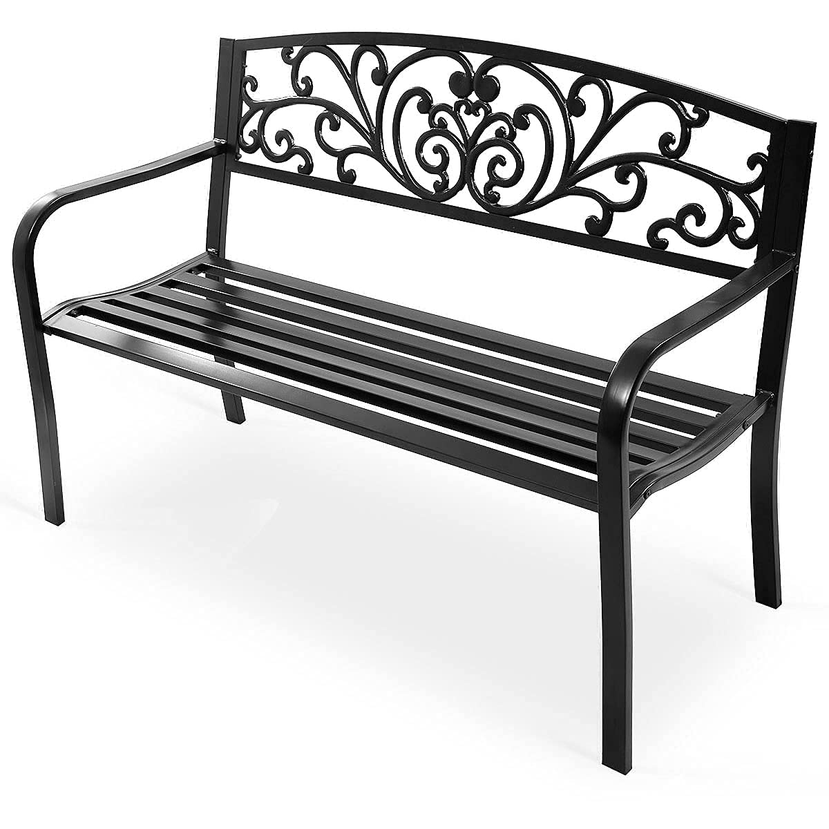 RELAX4LIFE Banc de Jardin Extérieur pour 2-3 Personnes, Banc de Jardin Fer Forgé Résistant avec Dossier Incliné, Accoudoirs Arrondis, Pieds Robustes, pour Terrasse Parc Pelouse, Noir