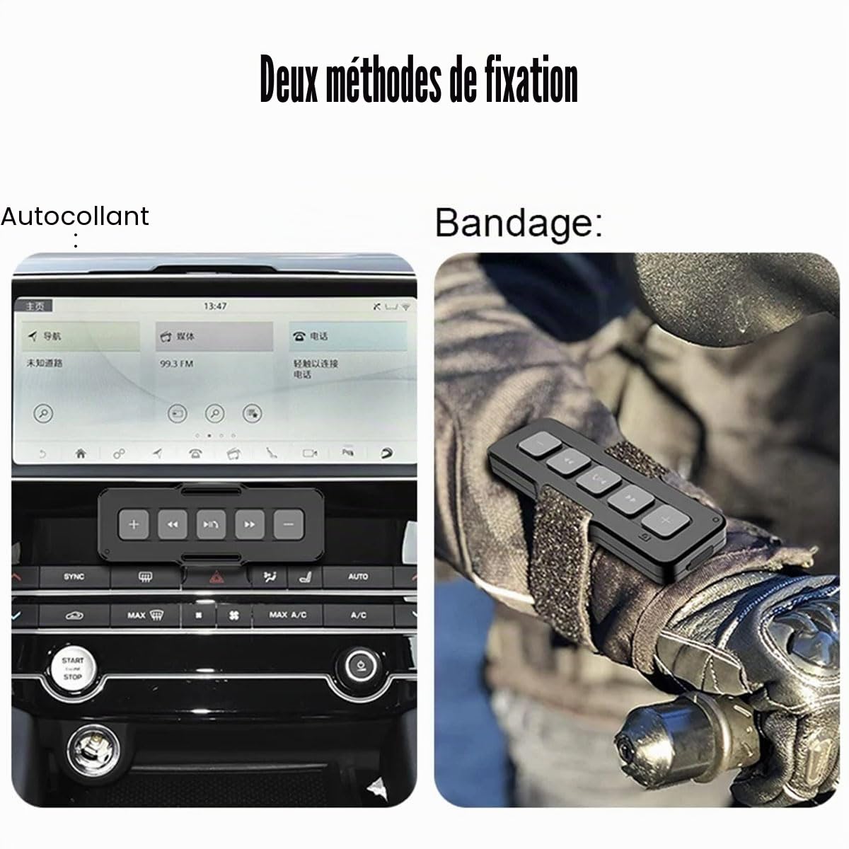 Bouton multimédia de télécommande Bluetooth 5.0 Portable et adhésif avec Bracelet, Contrôleur de téléphone Bluetooth IPX4 imperméable, Réponse aux appels, Musique de contrôle pour Voiture vélo Moto