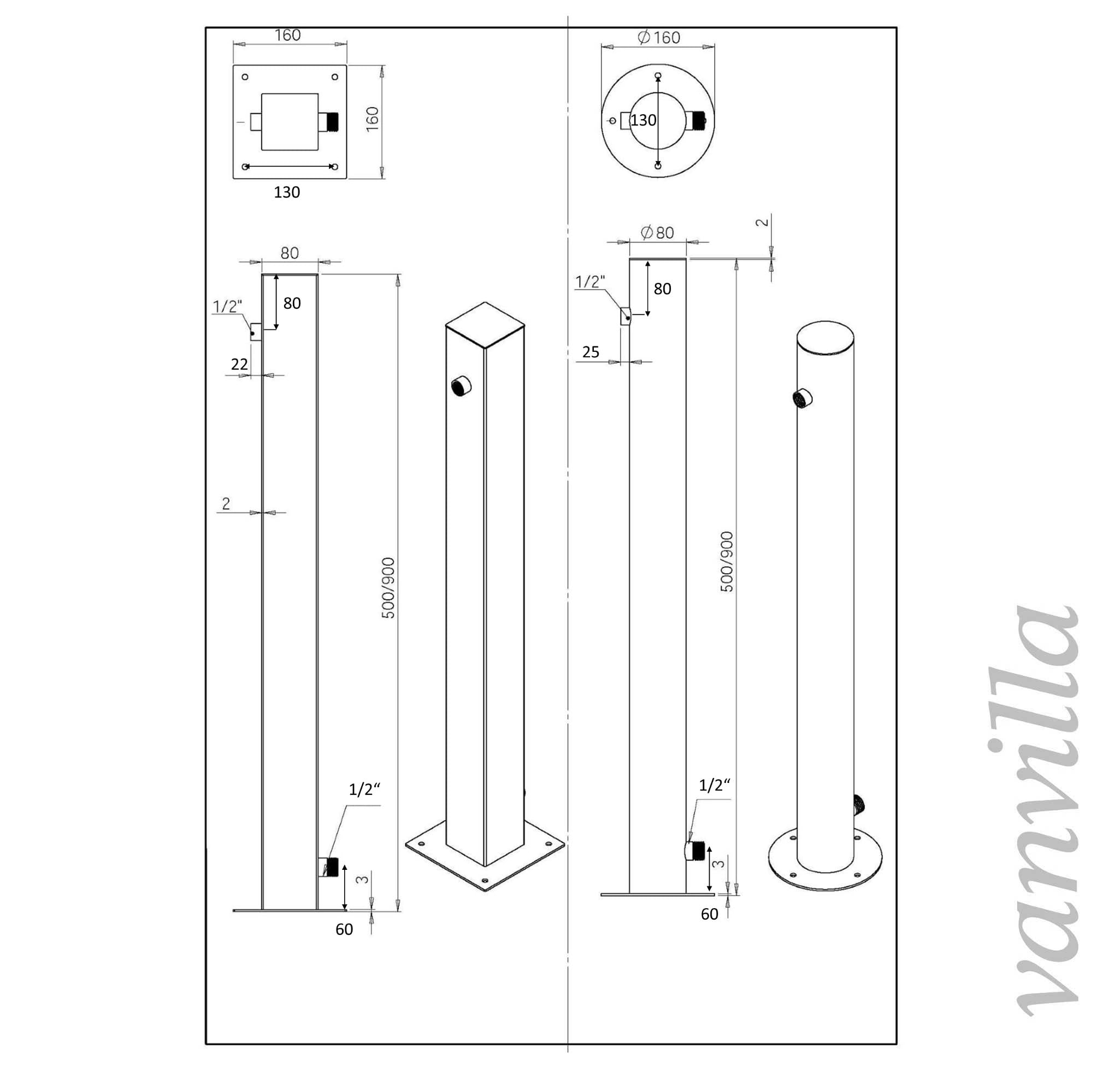 vanvilla Edelstahl Profi Wasserzapfstelle Garten Wasserzapfsäule Edelstahl Zapfstelle Zapfsäule Wassersäule 50cm rund