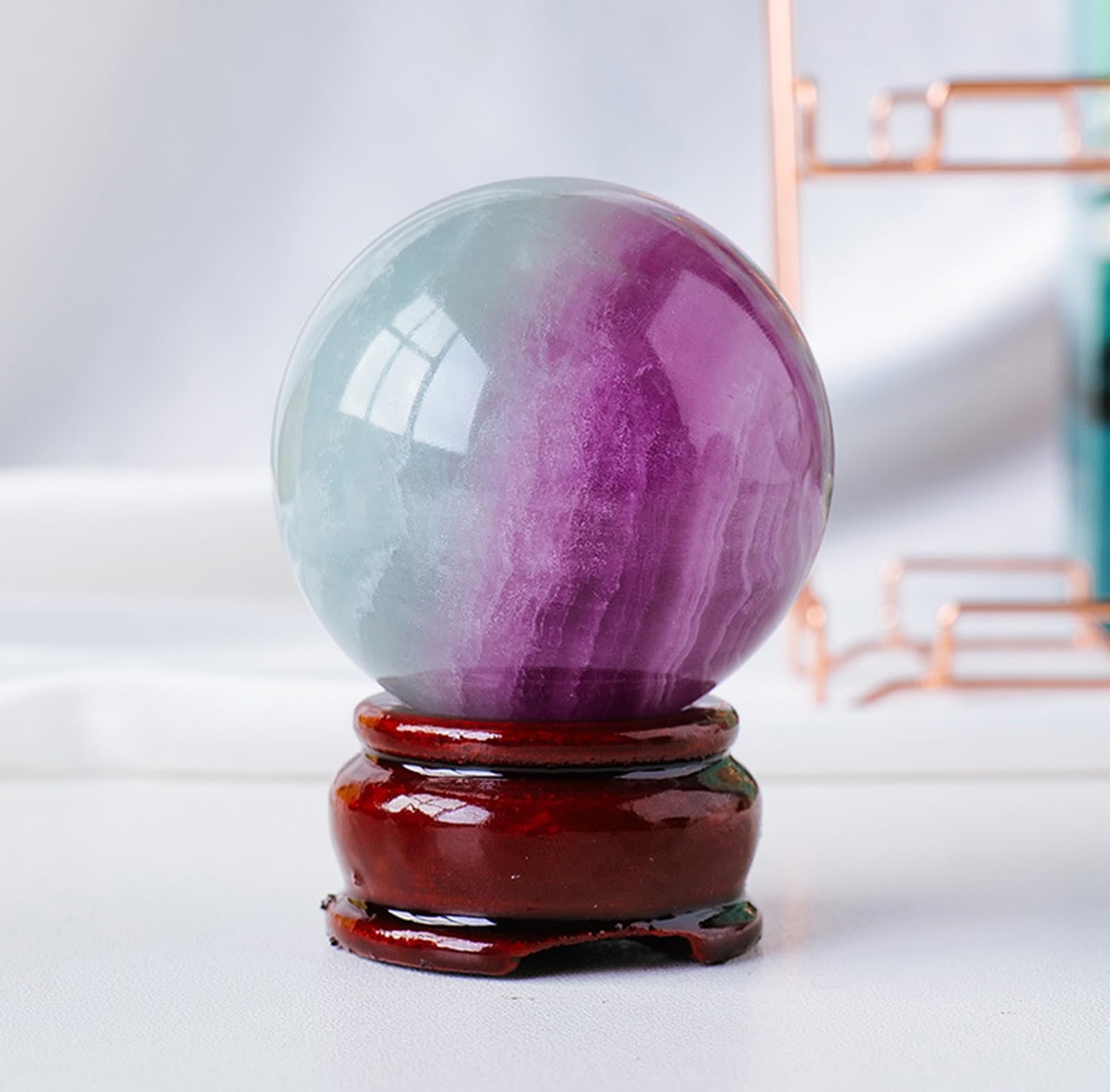 AUOQKQUT Colorful Fluorite Crystal Ball with Wooden Base - Feng Shui Decorative Sphere -Meditation Home Decor Garden Gift,4~5cm