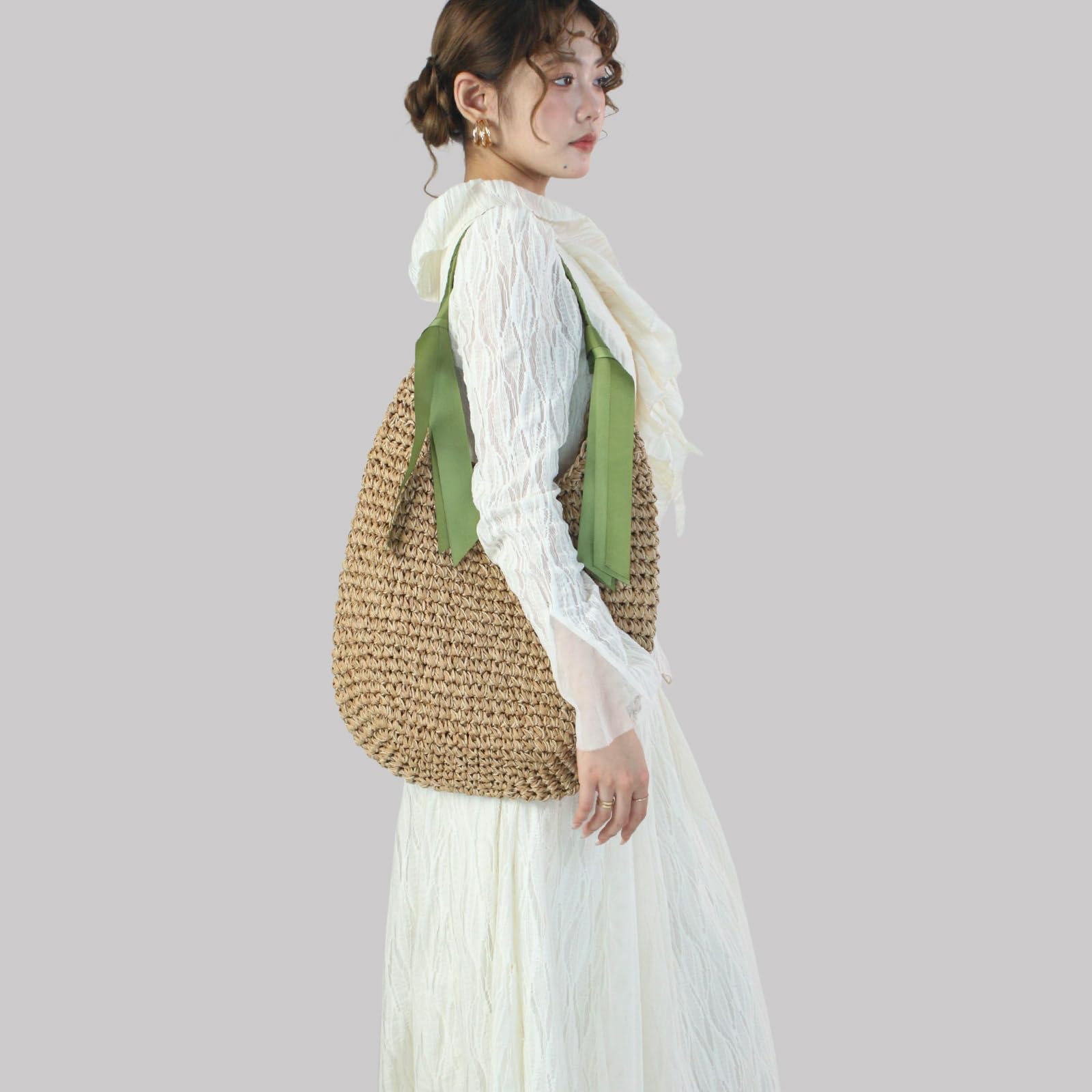 Sac de Plage en Paille pour Femme, Grand Cabas Tressé d'Été Sac à Main Épaule, Sac Hobo en Rotin avec Ruban de Soie