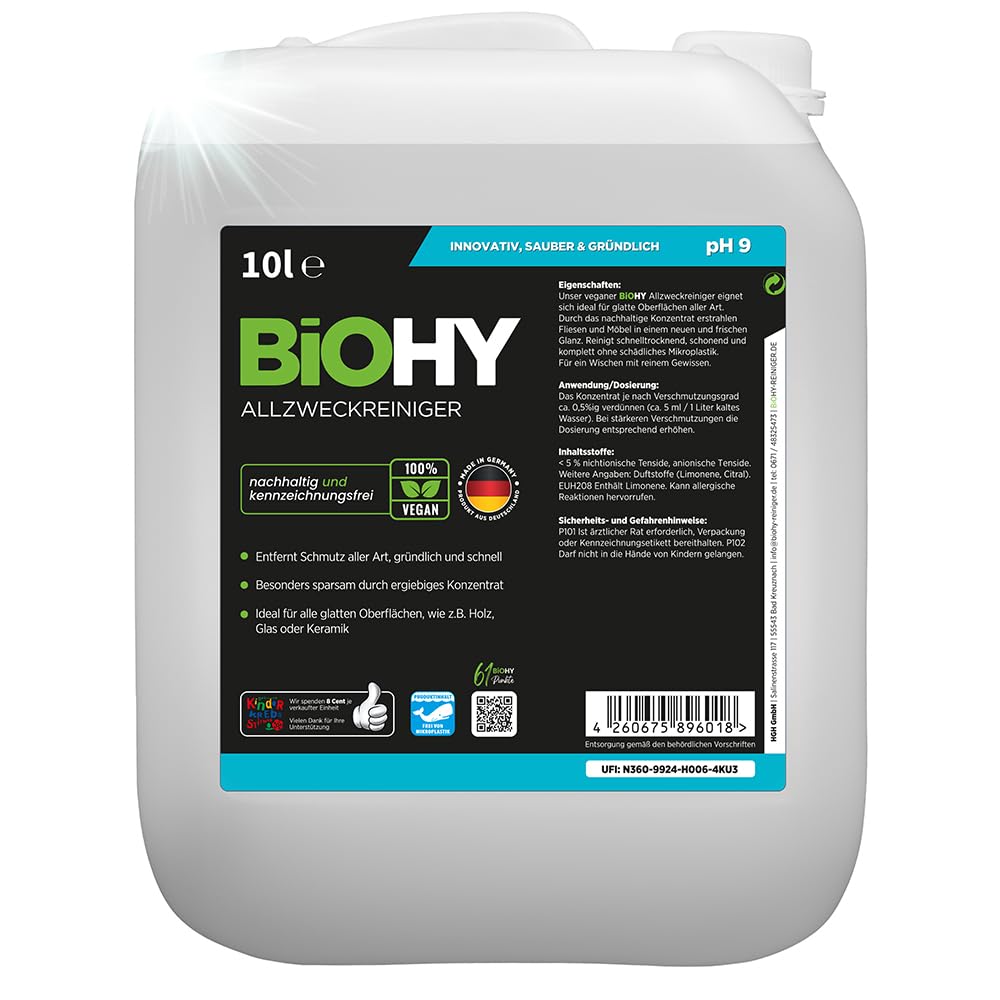 BiOHY Allzweckreiniger (10L Kanister) | Bodenreiniger Konzentrat für Parkett, Fliesen & Hartböden | Reiniger für Wischroboter, Saugwischer & Saugroboter | Schaumarmes, ergiebiges Reinigungsmittel