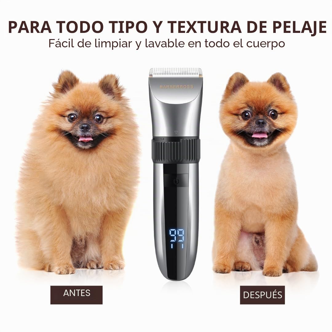 BarberBoss Cortapelos inalámbrico para perros, impermeable, cuchillas de cerámica, pantalla LED, carga rápida, cortadora eléctrica para mascotas (Plata)