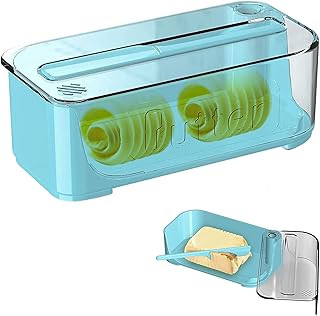 HIMAmonkey Plastikowe naczynie na masło z pokrywką, pojemnik na masło z nożem do masła, zintegrowane boczne naczynia na masło idealne nadaje się na wschód/zachodnie wybrzeże standardowy patyczek na masło, niebieski, przezroczysty
