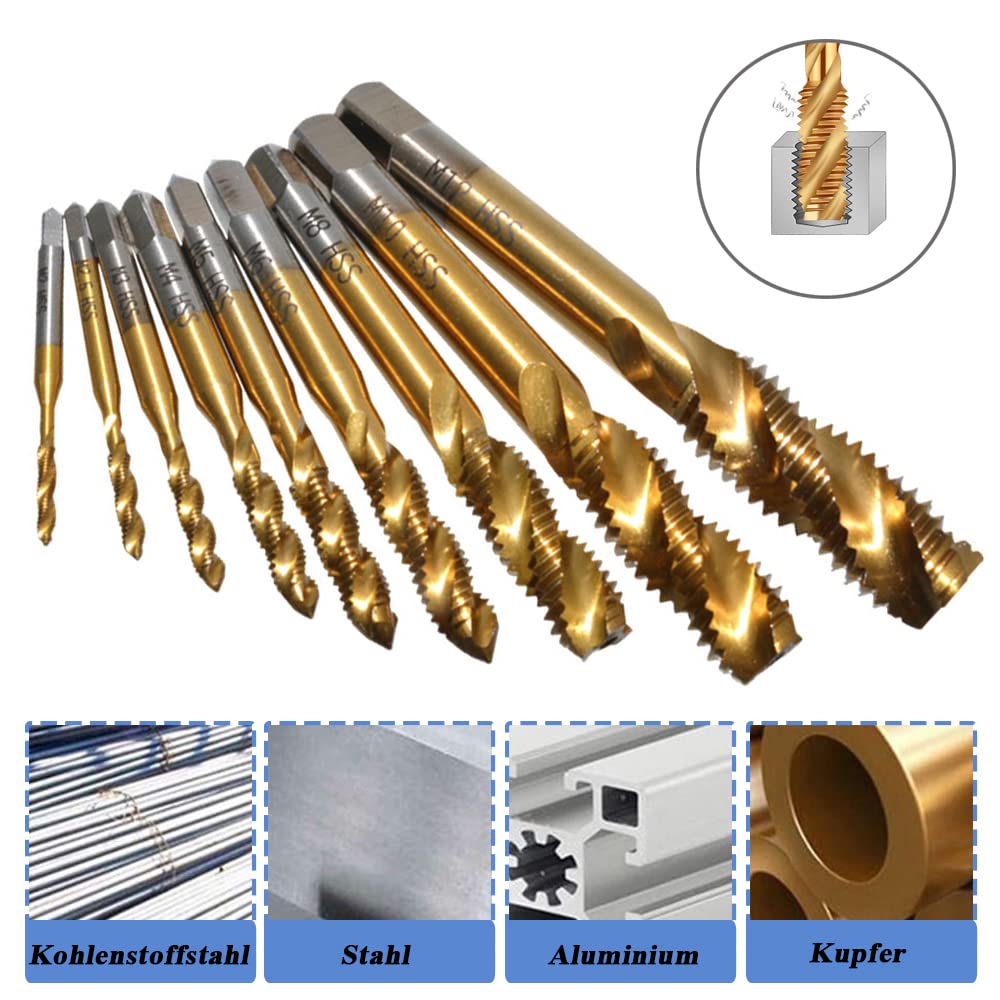 Mesee Lot de 9 tarauds hélicoïdaux HSS revêtus de titane - Pour machine à filetage métrique - M2 M2.5 M3 M4 M5 M6 M8 M10 M12