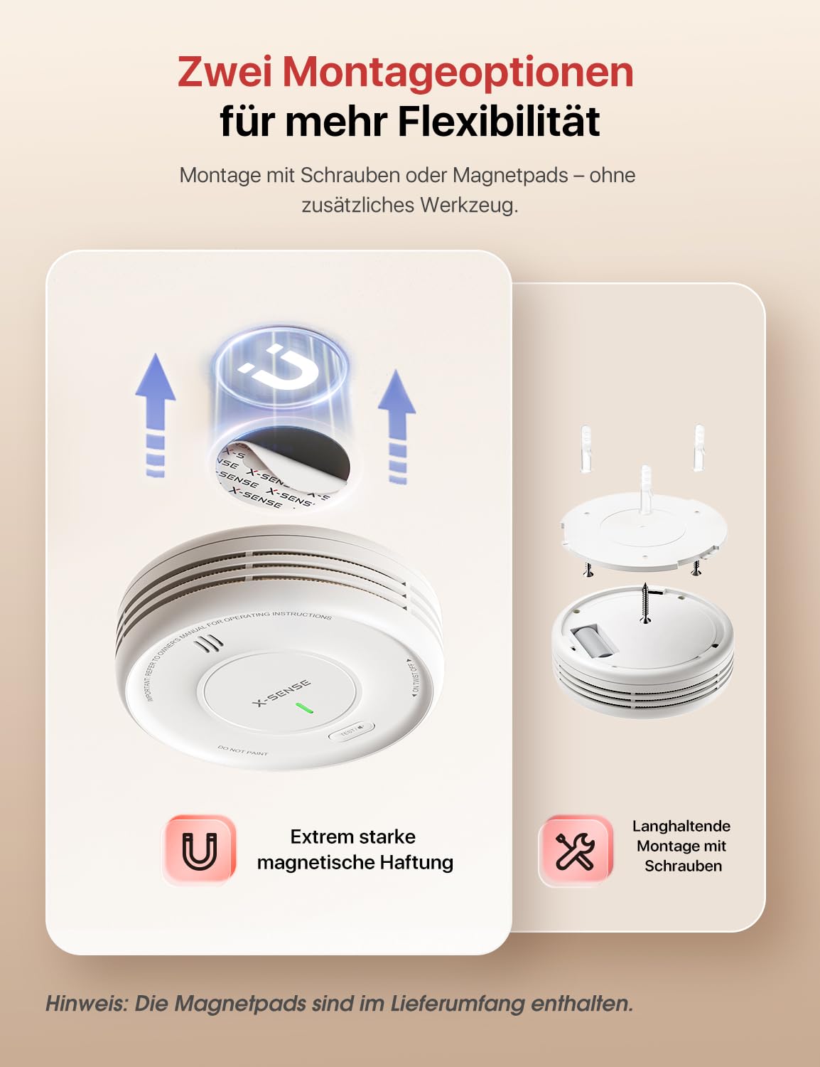 X-Sense Smart Rauchmelder WLAN mit Magnethalterung, vernetzter Feuermelder mit Basisstation SBS50, App-Funktion, Home-Assistant-kompatibel, austauschbare Batterie, XS0D-MR61