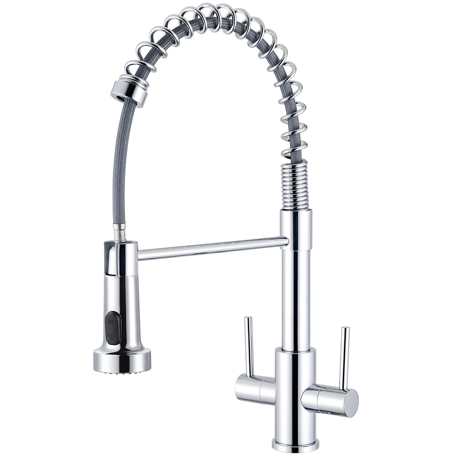 Pull Out Kitchen Tap Spring, Eovem Chrome Kitchen Sink Mixer Taps Monobloc Dual Lever Stainless Steel 1 Hole with High Arc 360Β° Swivel Spout Spray Faucet