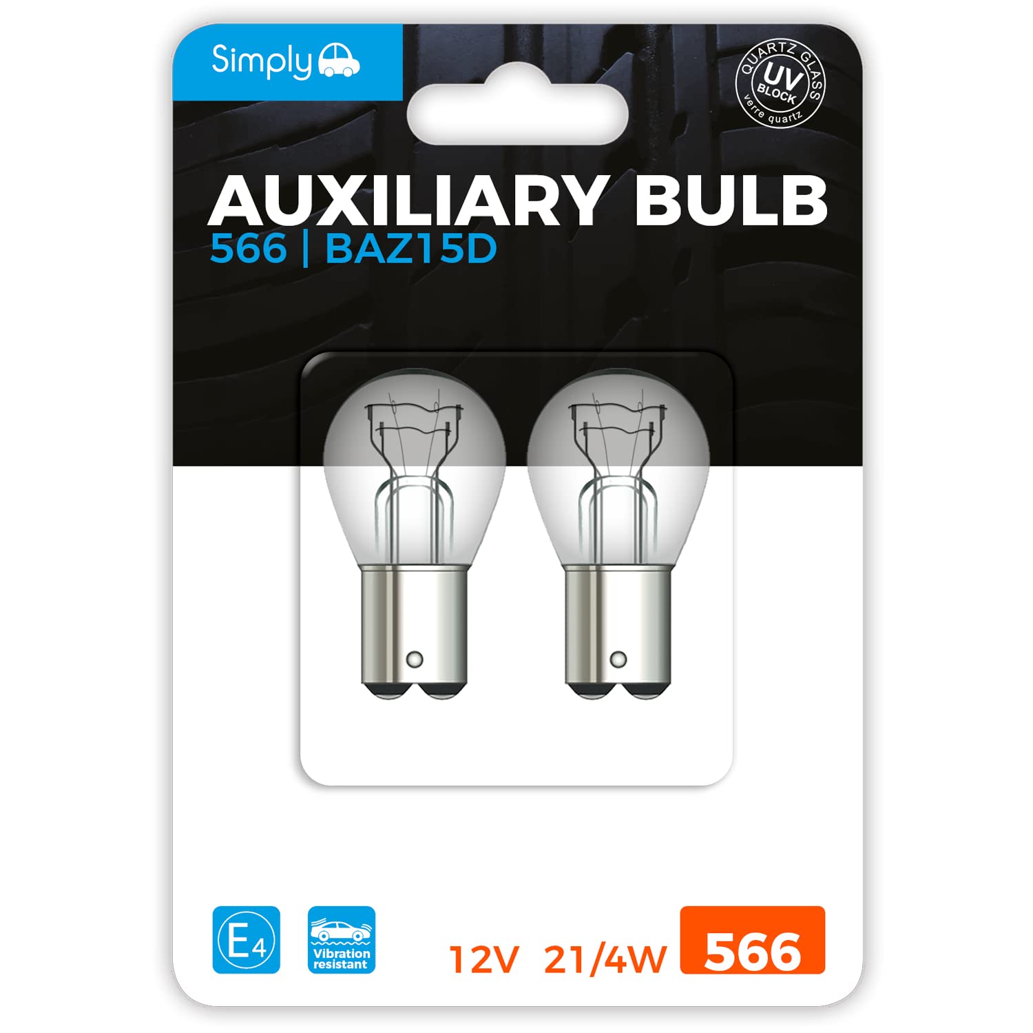 Simply Auto S566BL 12V 21/4W BAZ15D Auxiliary Bulb Single Pack UV Filter Halogen