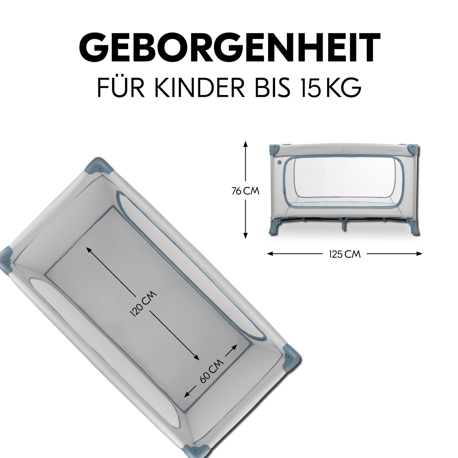 hauck Reisebett Baby mit XL Spielöffnung, Dream N Play Plus Dusty Blue | Klein zusammenklappbar mit Tragetasche ab Geburt bis 15 kg / 3 Jahre, 2in1 Kinderreisebett & Laufstall (ohne Matratze)
