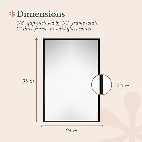 Miniatura 3 de Hamilton Hills Espejo con marco negro de 24 x 36 pulgadas, grandes espejos rectangulares de baño para pared, panel de vidrio flotante con borde,