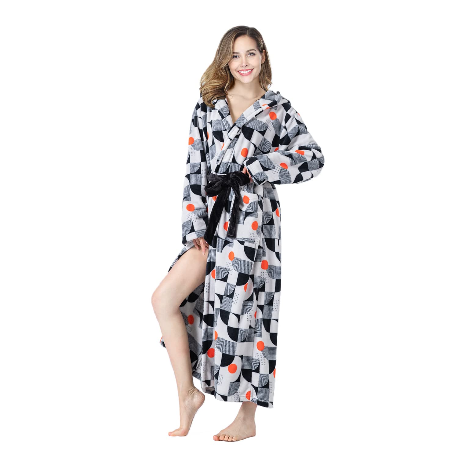RONGTAI Womens Robes Plush Fleece Hooded Bathrobe Thick Nightgown with Pockets Fluffy Sleepwear