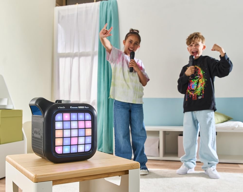 VTech - Karaoke Light Party Duo Disco Edition, Altavoz Potente, Karaoke Portátil con Bluetooth, 40W, Incluye 2 micrófonos inalámbricos, función Quitar Voz, Panel táctil, asa integrada, Versión ESP