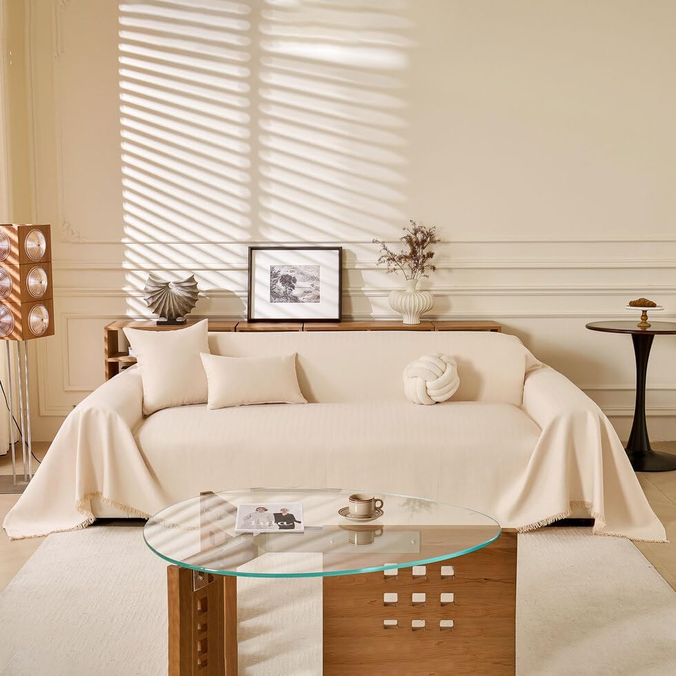 ROOMLIFE Boho Couch Covers White for 3 Cushion Sofa,Couch Cover Sectional Sofa Cover for Dog, Washable Furniture Sofa Protector Cover Soft Blanket with Tassel for Living Room, 71''X134''