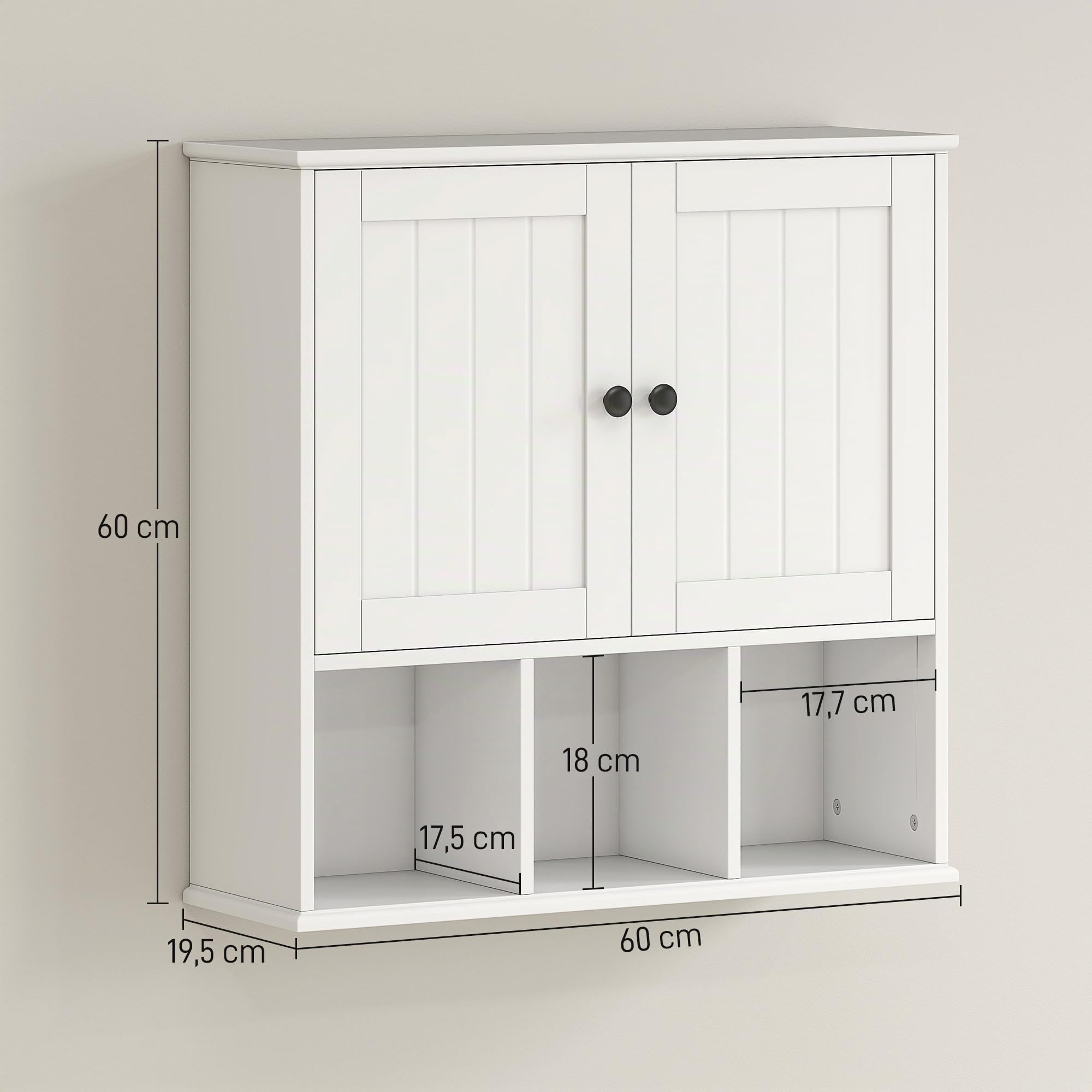 HOMCOM Armoire Murale de Salle de Bain 2 Portes 60 x 19,5 x 60 cm Blanc | Meuble de Rangement Suspendu pour Salle de Bains, Étagère Réglable, Compartiments Ouverts, Meuble WC Suspendu